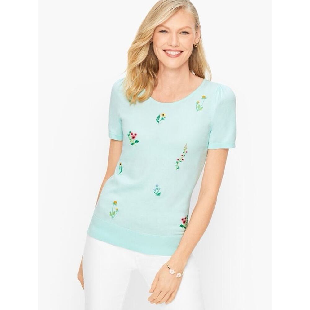 Talbots XS Aqua Blue Floral Embroidered Sweater Short Sleeve Cottagecore Grandma